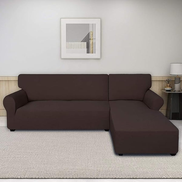 L Shape Fitted Lycra Jersey Sofa Cover Brown