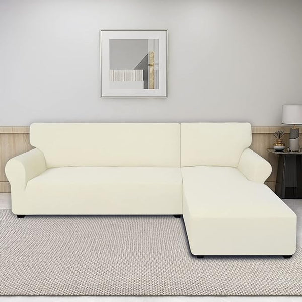 L Shape Fitted Lycra Jersey Sofa Cover Off White