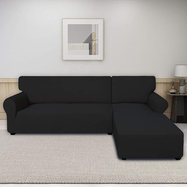 L Shape Fitted Lycra Jersey Sofa Cover Black
