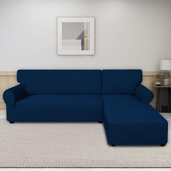 L Shape Fitted Lycra Jersey Sofa Cover Navy Blue