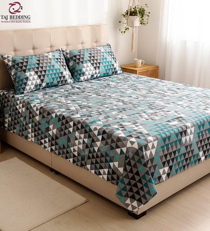 Printed Triangle Pattern Flat Bedsheet Set – King Size – Taj Bedding