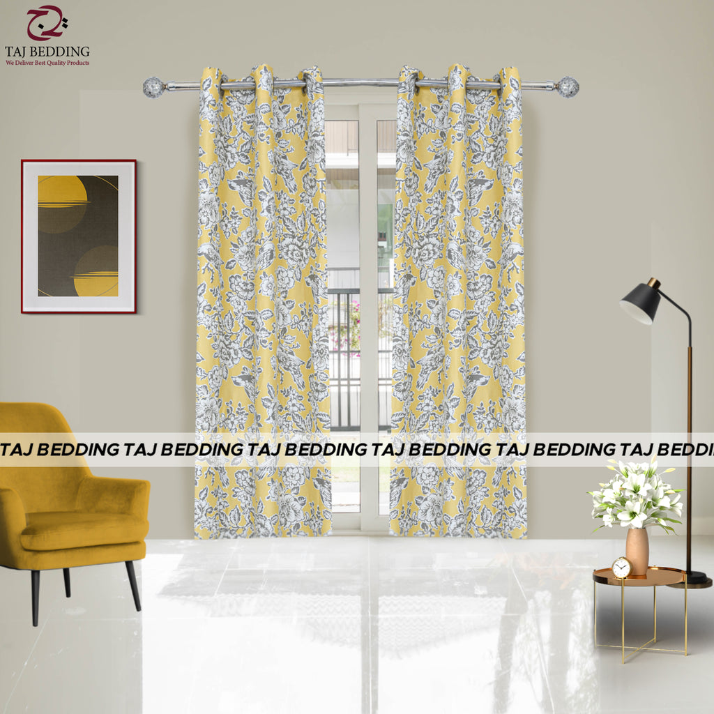 Yellow Flowers Printed Light Filtering Zeen Cotton Duck Curtain